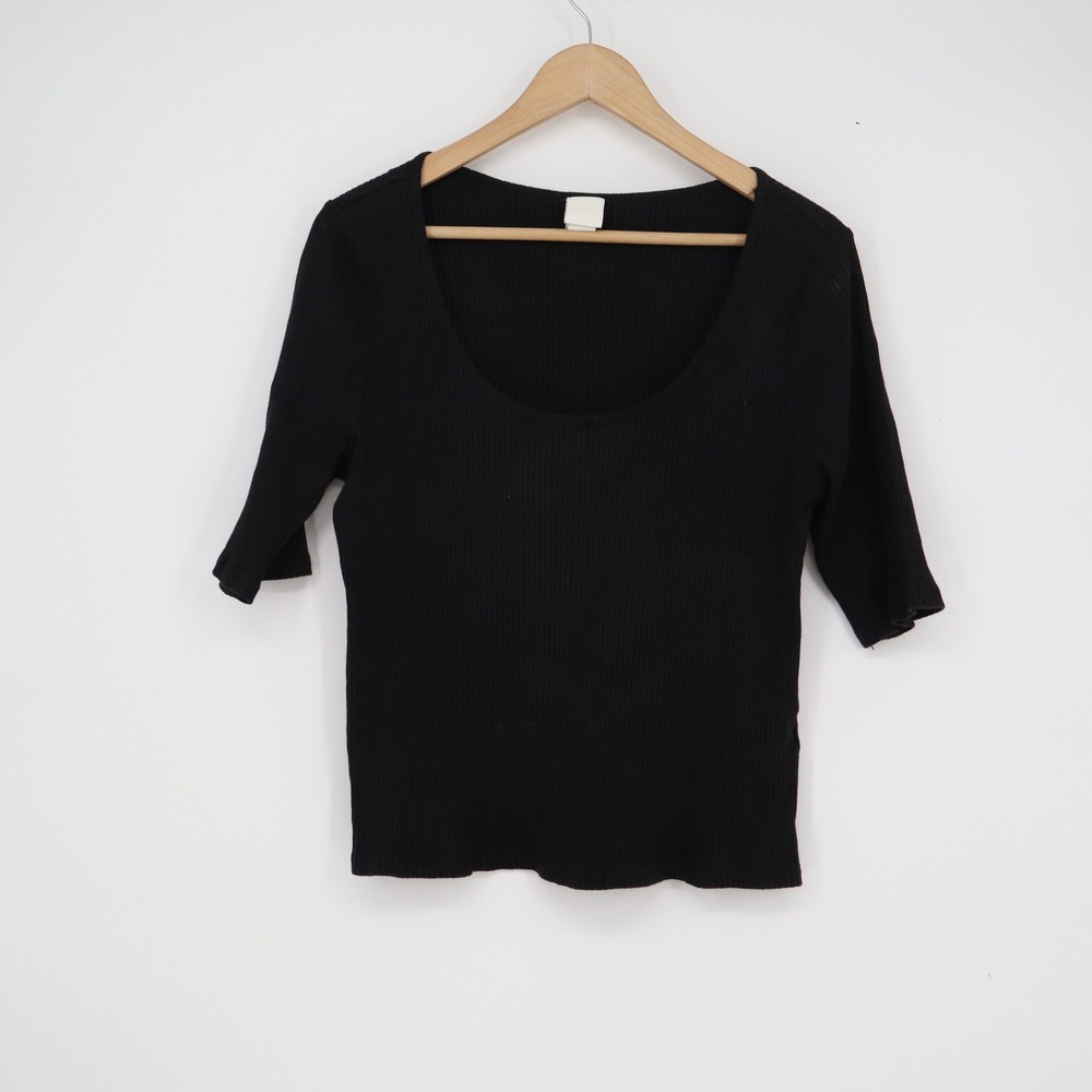 HM Womens Black Ribbed Scoop Neck Elbow Sleeve Top Size XL